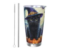 CSIVKEJ Bicchiere da 590 ml con stampa di gatto, zucca, pipistrello, luna, in acciaio inox, con coperchio e cannuccia, tazza da caffè e ghiaccio, adatta alla maggior parte dei supporti per auto