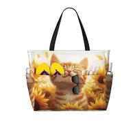 CSIVKEJ Borse da spiaggia da donna, borsa da spiaggia impermeabile con cerniera, borsa da piscina per viaggi e vacanze, Girasole gatto 17, 45x38x17 cm