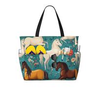 CSIVKEJ Borse da spiaggia da donna, borsa da spiaggia impermeabile con cerniera, borsa da piscina per viaggi e vacanze, Cavalli Floreali 7, 45x38x17 cm