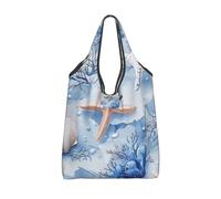 CSIVKEJ Borse della spesa riutilizzabili con stampa di stelle marine blu corallo estivo con manici leggeri si ripiega in un piccolo sacchetto design lavabile