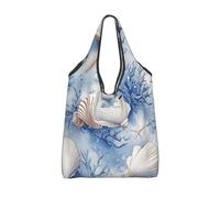 CSIVKEJ Borse della spesa riutilizzabili con stampa di stelle marine blu corallo estivo con manici leggeri si ripiega in un piccolo sacchetto design lavabile