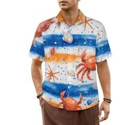 CSIVKEJ Camicia da uomo a maniche corte con bottoni e tasche con stampa 3D, casual, per spiaggia, vacanze, campeggio, Granchi e strisce, L