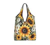 CSIVKEJ Sacchetti della spesa riutilizzabili con manici si ripiega in un piccolo sacchetto lavabile design, Girasole Floreale 12, Medium