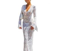 Cslbiuni Abito sexy da donna in pizzo floreale aderente trasparente con scollo a V profondo a maniche lunghe maxi abiti, bianco, M