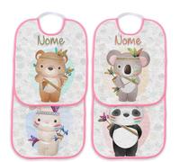 csm informatica Set 4 Bavetta Bavaglino Asilo personalizzabile con nome animaletti stile indiani Panda Koala ippopotamo e orso Rosa Spugna qualita' certificata