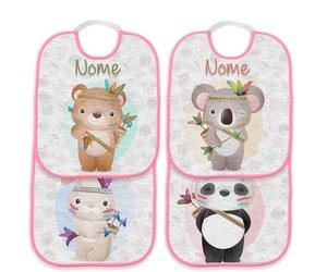 csm informatica Set 4 Bavetta Bavaglino Asilo personalizzabile con nome animaletti stile indiani Panda Koala ippopotamo e orso Rosa Spugna qualita' certificata