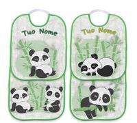 csm informatica Set Asilo personalizzato con nome a scelta bavaglini asilo con elastico, sacca o asciugamano (Set da 4 Bavaglino con Elastico Panda bambù Bordo Verde)