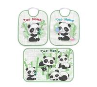 csm informatica Set Asilo personalizzato con nome a scelta bavaglini asilo con elastico, sacca o asciugamano (Set 2 Bavaglino + Asciugamano Arcobaleno Panda Bambù bordo Verde)