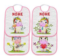 csm informatica Set per Asilo personalizzato con nome (Set da 4 Bavaglino con elastico Unicorno Bordo Rosa)