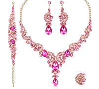 CSY 4 pezzi/set eleganti di collana, orecchini, bracciale e anello di cristallo, set di gioielli da sposa per spose e donne, regali (rosa shockin