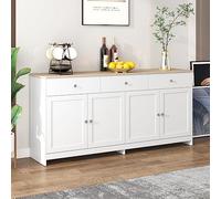 Ctastay Credenza in Legno con 4 Ante, 3 Cassetti e 4 Divisori, Mobile Contenitore Buffet per Soggiorno, Cucina e Camera da Letto, 160 X37x 75 cm,Naturale e bianco