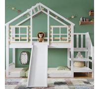 Ctastay Letto a Castello,Letto per Bambini 90x200 cm, Letto in Legno con Scale e Recinzione, con Scivolo e Finestra, Struttura del Letto in Legno Massiccio, Bianco, Materasso non incluso.