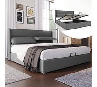 Ctastay Letto Matrimoniale Imbottito 160x200 con Poggiatesta Regolabile, Giroletto con Rete a Doghe in Legno e Testiera Letto a Funzione Idraulica,Grigio, Senza Materasso