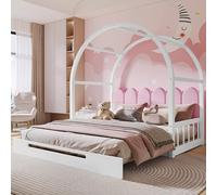 Ctastay Letto per Bambini a Volta Allungabile (140x100cm 140x200cm) per Ragazzi, Daybed, Rete Matrimoniale con Testata e Doghe In Legno, Pino, (Bianco + Rosa)