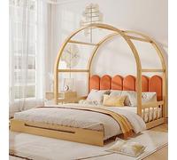 Ctastay Letto per Bambini a Volta Allungabile (140x100cm 140x200cm) per Ragazzi, Daybed, Rete Matrimoniale Con Testata e Doghe In Legno, Pino, (Naturale + Arancione)