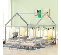 Ctastay Letto Singolo per Bambini 90X200 Rete a doghe 2 in 1, Letto per Cameretta Letto a Forma di Casetta con Barriera di Protezione, Struttura in Legno,Grigio, senza Materasso.