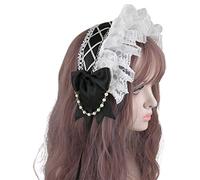 CTCOIJRN Copricapo Lolita, Copricapo Cosplay, Fascia for capelli Cosplay Lolita Copricapo in pizzo con volant Nastro Bowknot Catena di perle Fascia for capelli Accessori for capelli for feste cosplay(