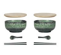 Cteahrow Ciotola per ramen in ceramica 2 set (8 pezzi) con bacchette a cucchiaio ， ciotola per zuppa grande da 1100 ML, insalatiere per zuppa, ciotola per pho e sushi (Ciotola verde 2 set)