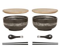 Cteahrow Ciotola per ramen in ceramica 2 set (8 pezzi) con bacchette a cucchiaio ， ciotola per zuppa grande da 1100 ML, insalatiere per zuppa, ciotola per pho e sushi (Ciotola grigia 2 set)