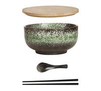 Cteahrow Set di ciotole in ceramica per ramen (4 pezzi) con bacchette a cucchiaio ， scodella per zuppa grande da 1100 ML, insalatiere per zuppa, ciotola per pho e sushi (Set di ciotole verdi)