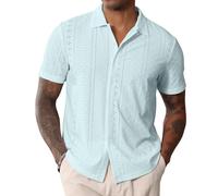 CTU Camicia da uomo a maniche corte con bottoni, con colletto cubano, casual, estiva, da spiaggia, Blu, L