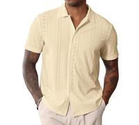CTU Camicia da uomo a maniche corte con bottoni, con colletto cubano, casual, estiva, da spiaggia, cachi, XL