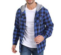 CTU - Felpa con cappuccio da uomo, leggera, a quadri, con giacca a maniche lunghe, abbottonata, con tasca, Blu, 3XL