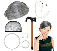 CTYUEYUN Kit per travestimento da vecchia signora, con parrucca, occhiali, orecchini di perle, braccialetto, collana, bastone da passeggio gonfiabile, accessori per costume da vecchia signora per