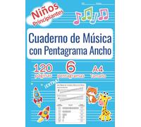 Cuaderno de Música con Pentagrama Ancho para Niños - Tamaño A4 -: Papel Pautado en Blanco para Principiantes y Todas las Edades con Guía Rápida de Conceptos Básicos,6 Pentagramas,azul