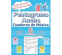 Cuaderno de Música con Pentagrama Ancho para Niños - Tamaño A4 -: Papel Pautado en Blanco para Principiantes y Todas las Edades con Guía Rápida de Conceptos Básicos,6 Pentagramas,azul