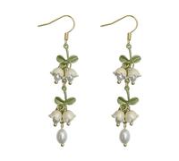 Cualque Orecchini a forma di giglio della valle, in argento Sterling 925, pendenti a forma di giglio, con perla e fiore, con giglio della valle, gioielli pendenti a forma di petalo, per donne e spose