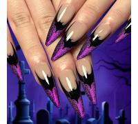 Cubahop 24 unghie finte a pressione per Halloween, motivo pipistrello, viola, graziose, per cosplay, unghie finte lucide per donne