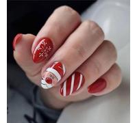 Cubahop 24pc Unghie di Natale Corte Ovali Finte - Rosso Chiodi di Neve Foresta Stampella Falsi Pupazzo - Premere Sulle Unghie per Donne e Ragazze (A)