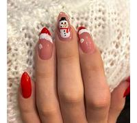 Cubahop 24pc unghie di natale unghie corte ovali finte unghie rosso chiodi di neve foresta stampella chiodi falsi pupazzo premere sulle unghie per donne e ragazze (E)
