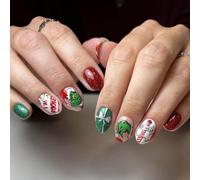 Cubahop 24pc unghie di natale unghie corte ovali finte unghie rosso chiodi di neve foresta stampella chiodi falsi pupazzo premere sulle unghie per donne e ragazze (F)