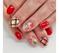 Cubahop 24pc unghie di natale unghie corte ovali finte unghie rosso chiodi di neve foresta stampella chiodi falsi pupazzo premere sulle unghie per donne e ragazze (D)