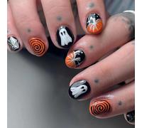 Cubahop 24PCS Halloween Stampa sulle Unghie Brevi Unghie finte Zucca Ghost Design Carino Cosplay Unghie finte Unghie lucide per le donne (Arancia 1, One size)