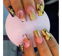 Cubahop 24pcs Unghie di Natale Brevi Quadrati Falsi Chiodi Rosso Elk Foresta Fiocchi di Neve Chiodi Falsi Snowman Oro Foglio Glitter Stampa su Unghie per Donne e Ragazze (C)