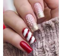 Cubahop 24pcs Unghie di Natale Brevi Quadrati Falsi Chiodi Rosso Elk Foresta Fiocchi di Neve Chiodi Falsi Snowman Oro Foglio Glitter Stampa su Unghie per Donne e Ragazze (G)