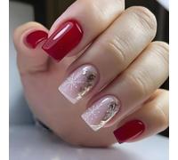 Cubahop 24pcs Unghie di Natale Brevi Quadrati Falsi Chiodi Rosso Elk Foresta Fiocchi di Neve Chiodi Falsi Snowman Oro Foglio Glitter Stampa su Unghie per Donne e Ragazze (F)