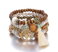 Cubahop Multilayer Nappa di Legno Bead Impilabile Braccialetto Colorato Fantasia Braccialetti Albero Della Vita Colorato Elastico Hand Accessori per Donne e Ragazze (Avorio)