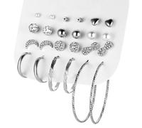 Cubahop Multiple Crystal Pearl Studs Hoop Orecchini Set Orecchino Cerchio Amore Crescent Orecchini Pack Piercings per le Donne Ragazze (Argento)