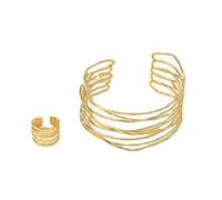 Cubahop Set di braccialetti e anelli vintage a strati in metallo liscio per le donne, Metallo