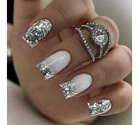 Cubahop Unghie finte corte quadrate argentate sfumate con glitter, con paillettes, per donne e ragazze, 24 pezzi