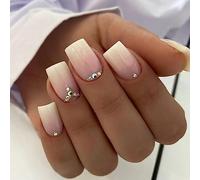 Cubahop Unghie finte francesi, corte, quadrate, rosa, sfumate, nude, con strass, per donne e ragazze (D)