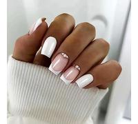 Cubahop Unghie finte francesi, corte, quadrate, rosa, sfumate, nude, con strass, per donne e ragazze (E)