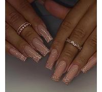 Cubahop Unghie finte lunghe a bara, 24 pezzi, con glitter rosa, per donne e ragazze (B)