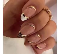 Cubahop Unghie finte ovali francesi, leopardo, nude, con strass, lamina dorata, a pressione, per donne e ragazze (rosa1)