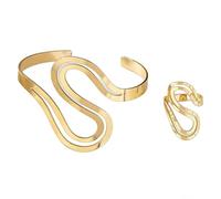 Cubahop Vintage Doppio Strato Metallo S-a forma di Braccialetto Anelli Set Serpente A Forma di Apertura Regolabile Liscia Mano Gioielli per le Donne (Oro)