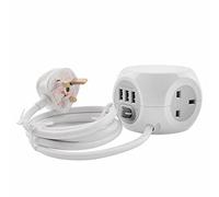 Cube - Multipresa Elettrica, Prolunga Elettrica con 3 Prese UK 13 Amp, 3 Porte USB, Cavo da 1,4 m, Colore: Bianco